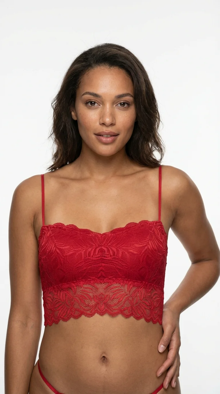 LunaIntim Kırmızı Dantelli Longline Bralet Ceket İçi Crop Büstiyer ve Boş Kap Sütyen - Boş Kap Sütyen Detay